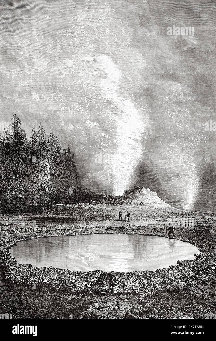 Castle geyser. Yellowstone National Park, Wyoming USA. The US National Park by Ferdinand Vandeveer Hayden, Gustavus Cheyney Doane and Nathaniel Pitt Langford, 1870-1872 Stock Photo