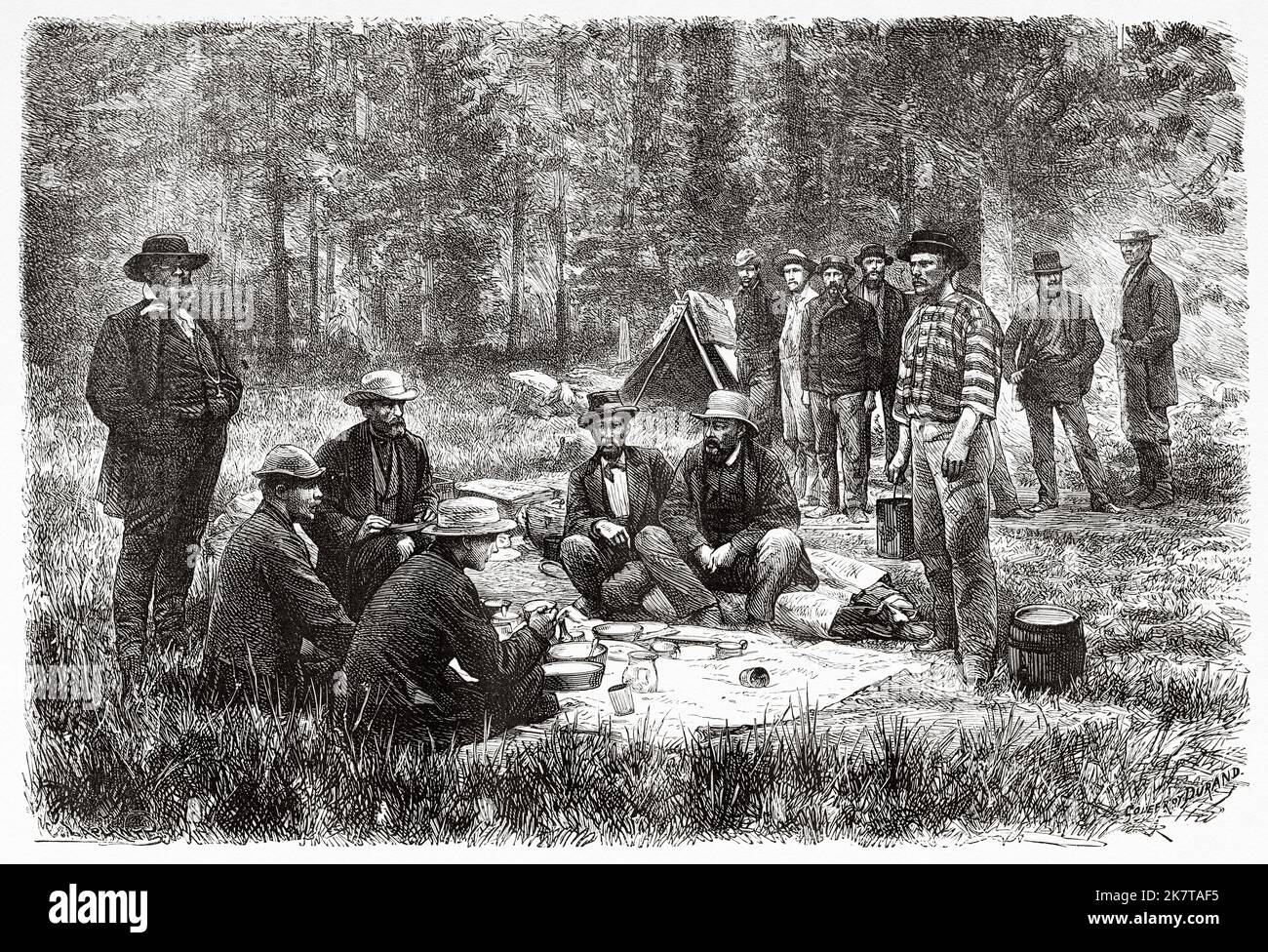Members of the mission having lunch: Hayden, Hamp, Stevenson, Blackmore. Colorado. USA, United States, North America. America's Switzerland by Ferdinand Vandeveer Hayden and Whitney, 1873 Stock Photo