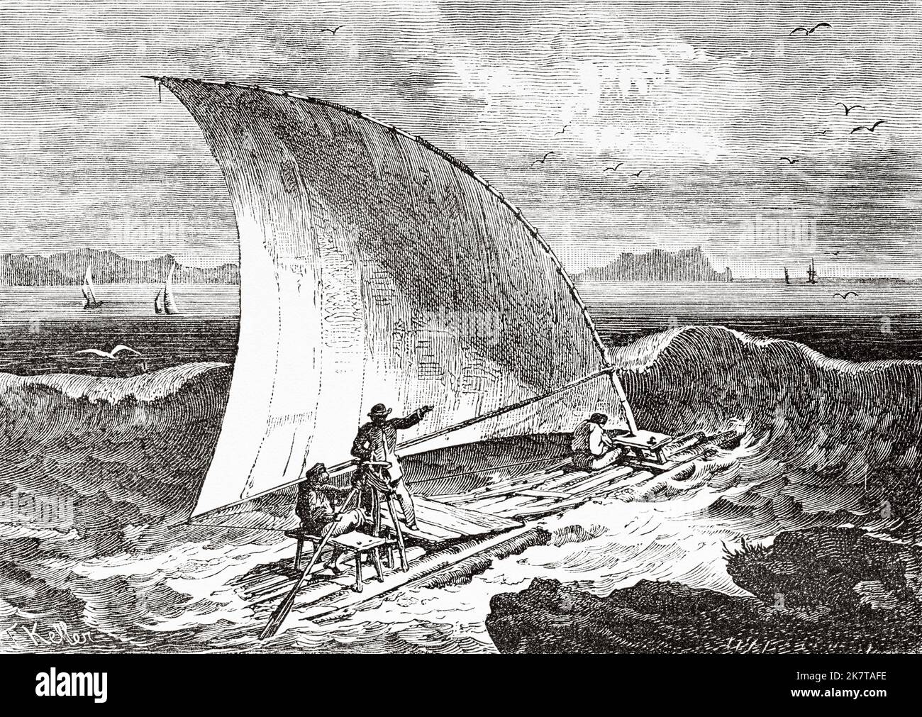 Bangada. Raft with a sail between the rocks, Brazil, South America ...
