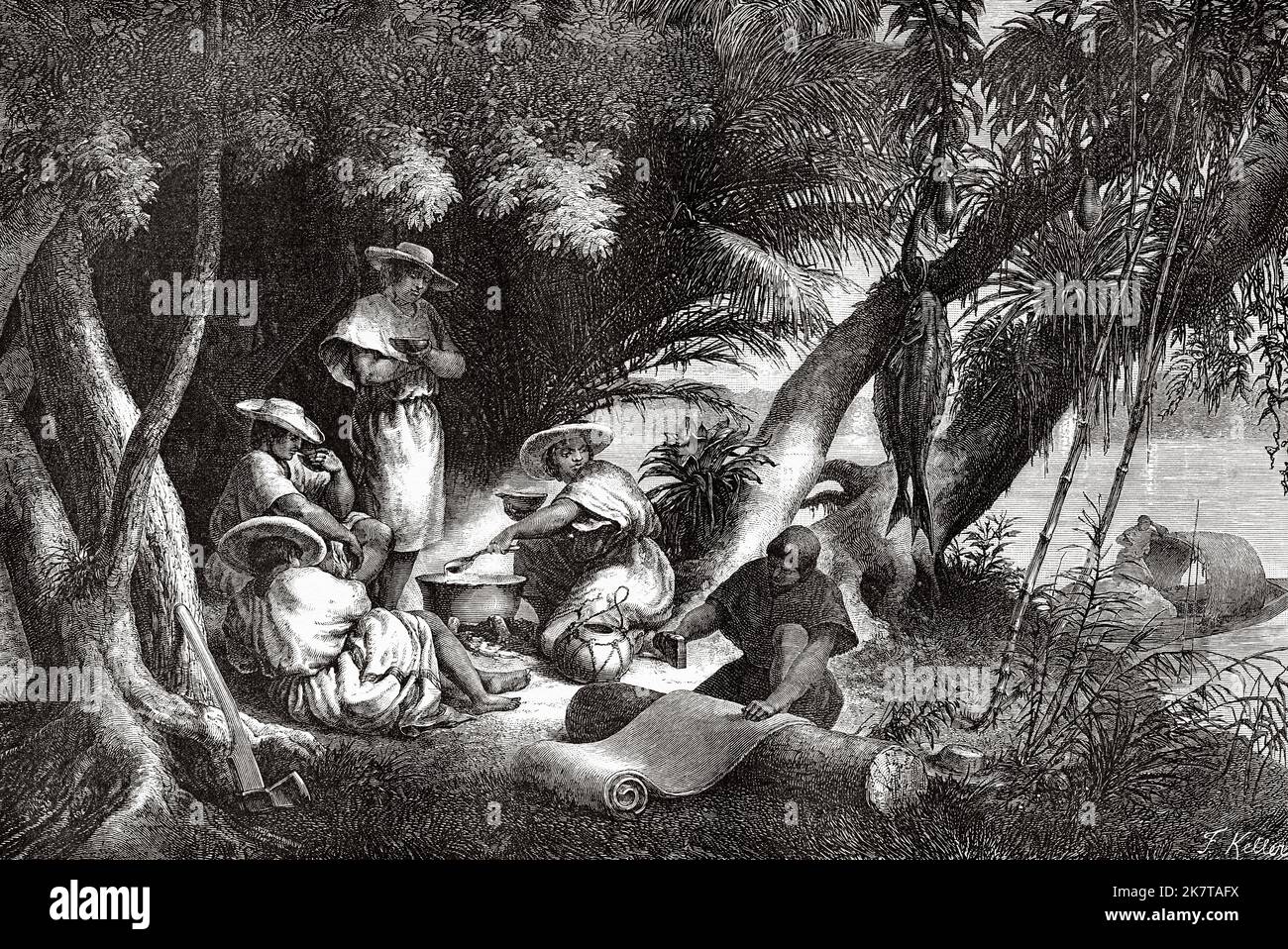 The rowers' breakfast. Brazil, South America. Exploration of the Rivers