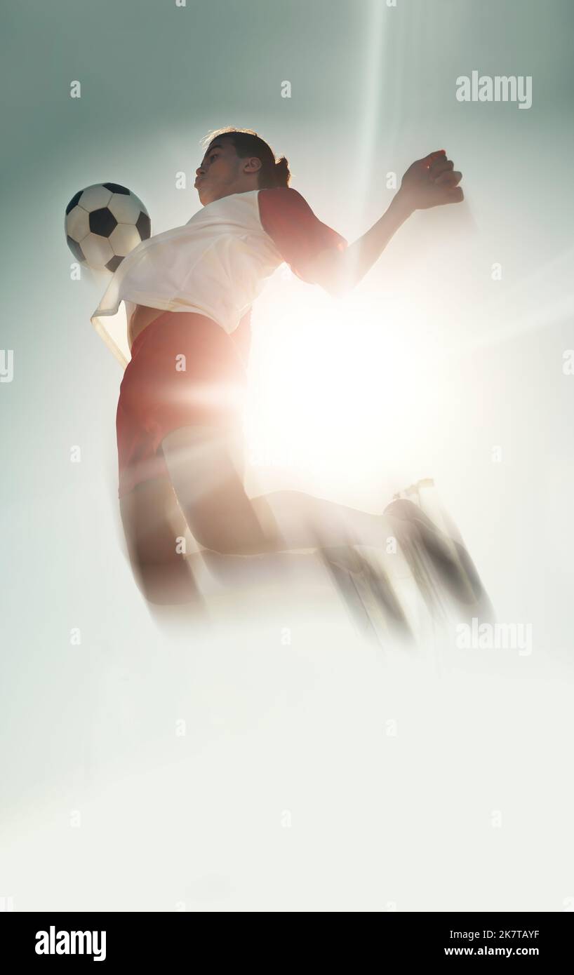 Soccer player, ball chest and jump in blue sky, sunshine or outdoor