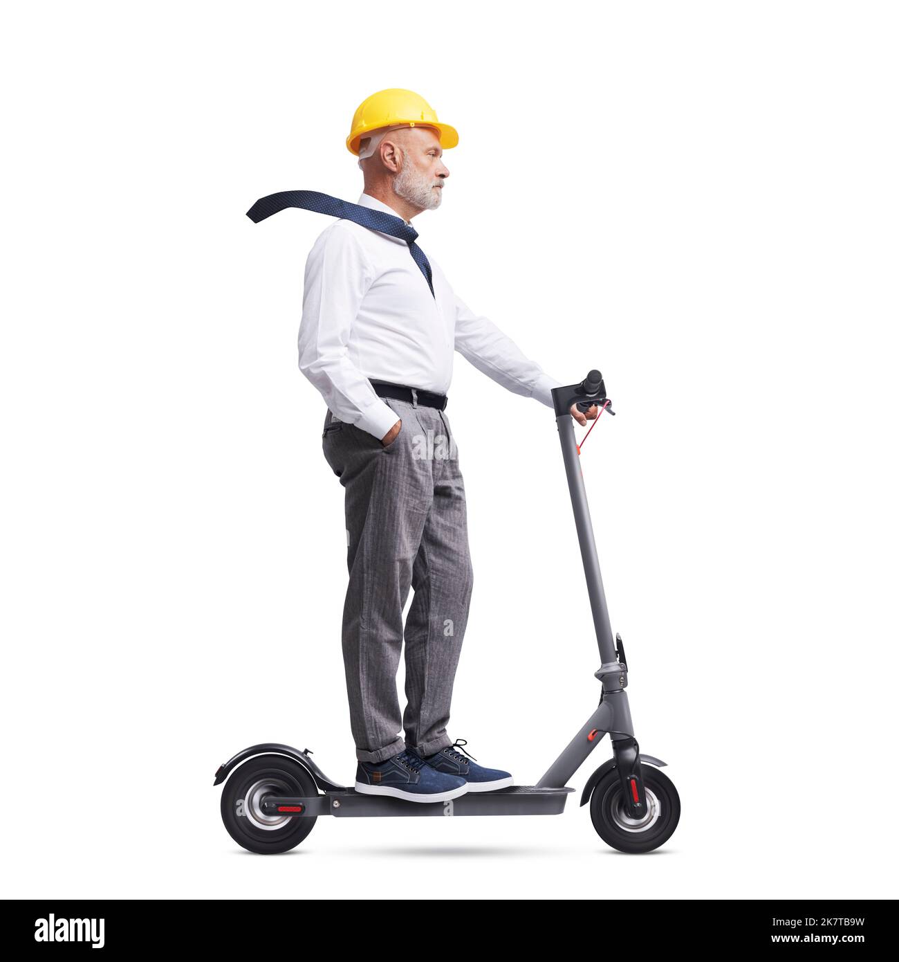 Professional senior architect wearing a safety helmet and riding an