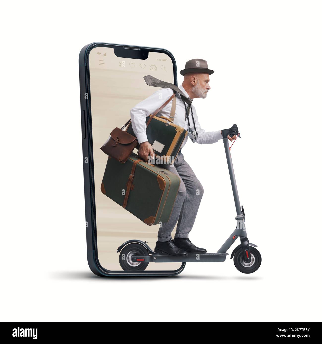 Vintage style traveler carrying luggage and riding an electric scooter