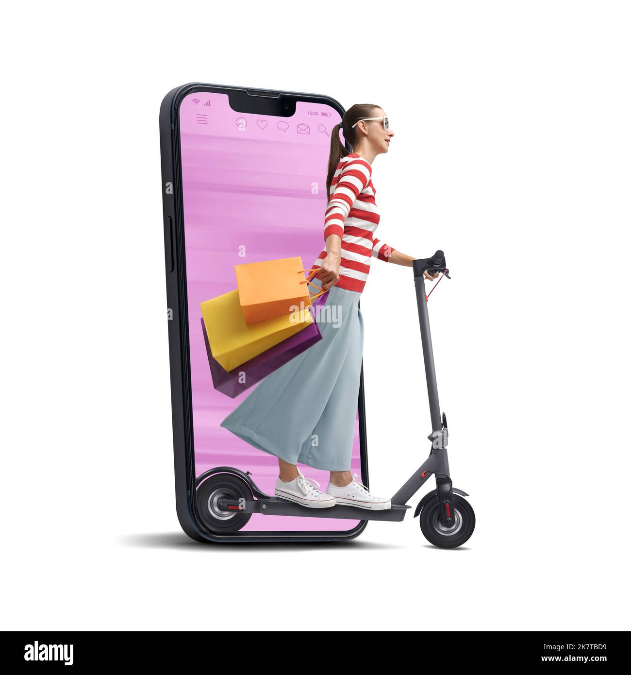 Woman holding many shopping bags and riding an electric scooter, she is coming out from a smartphone screen, online shopping and sales concept, white Stock Photo