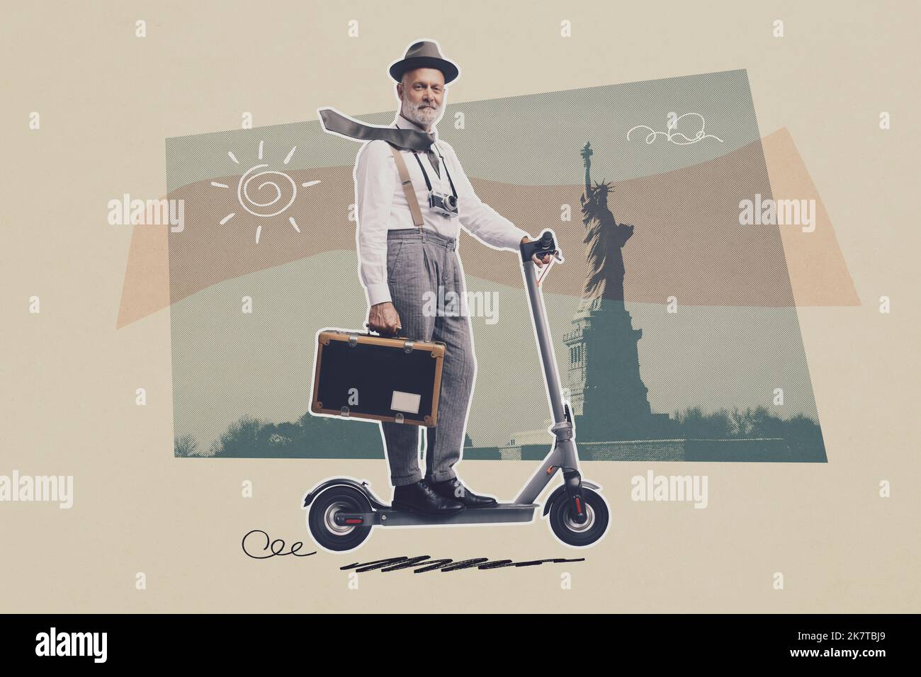 Retro style traveler and photographer riding an electric scooter, New York panorama in the background, vintage poster design Stock Photo