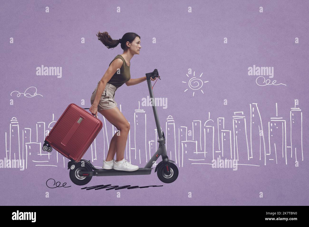 Young traveller woman carrying a suitcase and riding an electric scooter, sketched cityscape in the background, smart mobility concept Stock Photo
