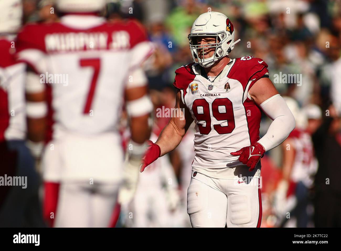 October 16, 2022: Arizona Cardinals defensive end J.J. Watt (99) runs on to the field during an NFL football game in Seattle, WA. Sean Brown/CSM Stock Photo
