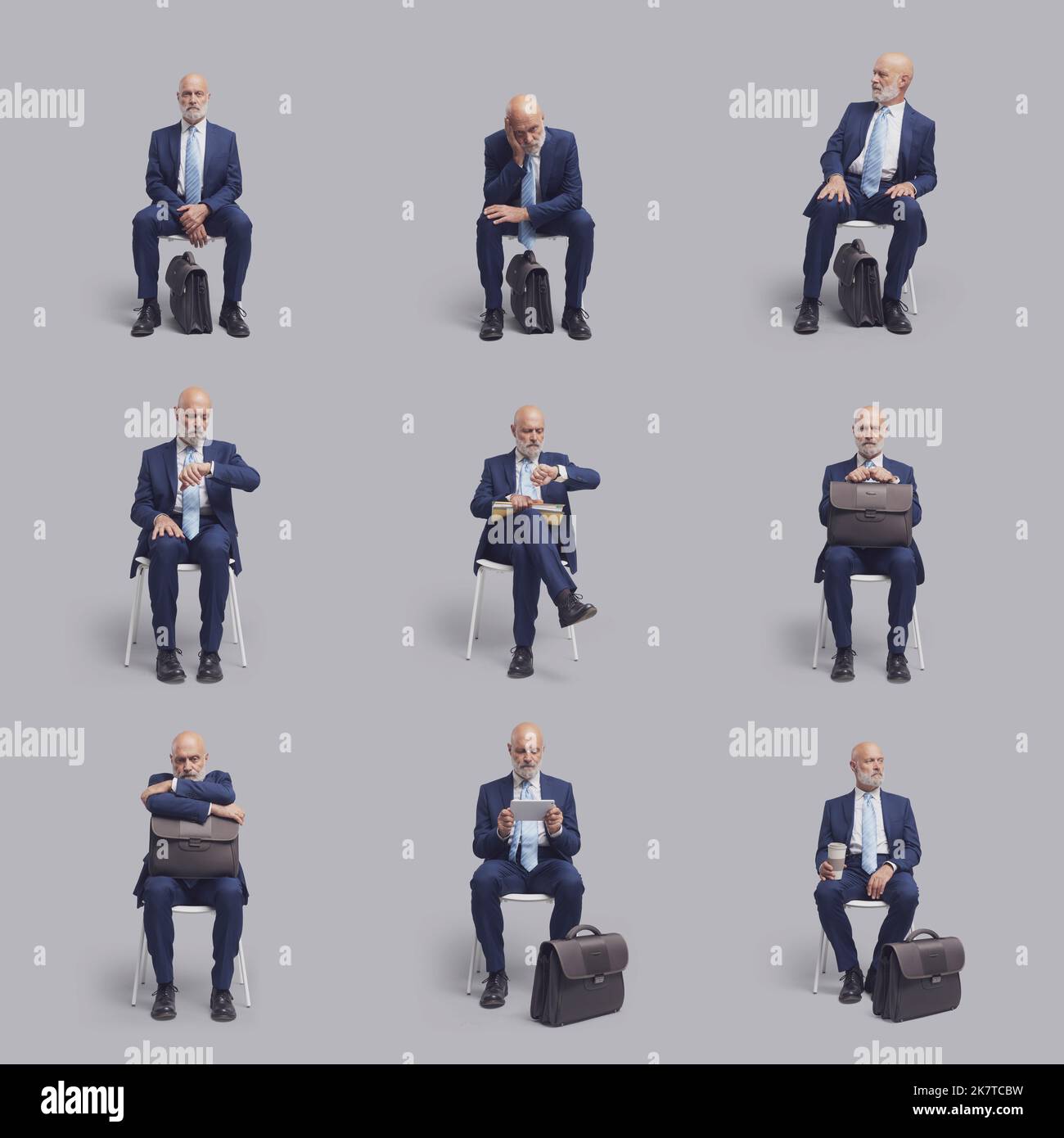 Corporate businessman sitting on a chair and waiting for a job interview, set of portraits collage Stock Photo