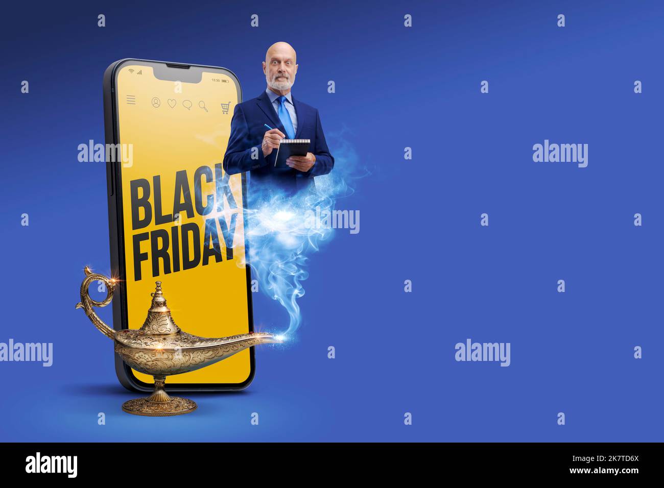 Black Friday sale advertisement on smartphone and genie of the lamp writing down your wishes, online shopping and offers concept Stock Photo