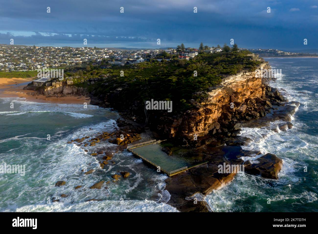 Aerial landscape views of North Curl Curl  headland and rock pool iand beach in Sydney's Northern Beaches Ausralia Stock Photo