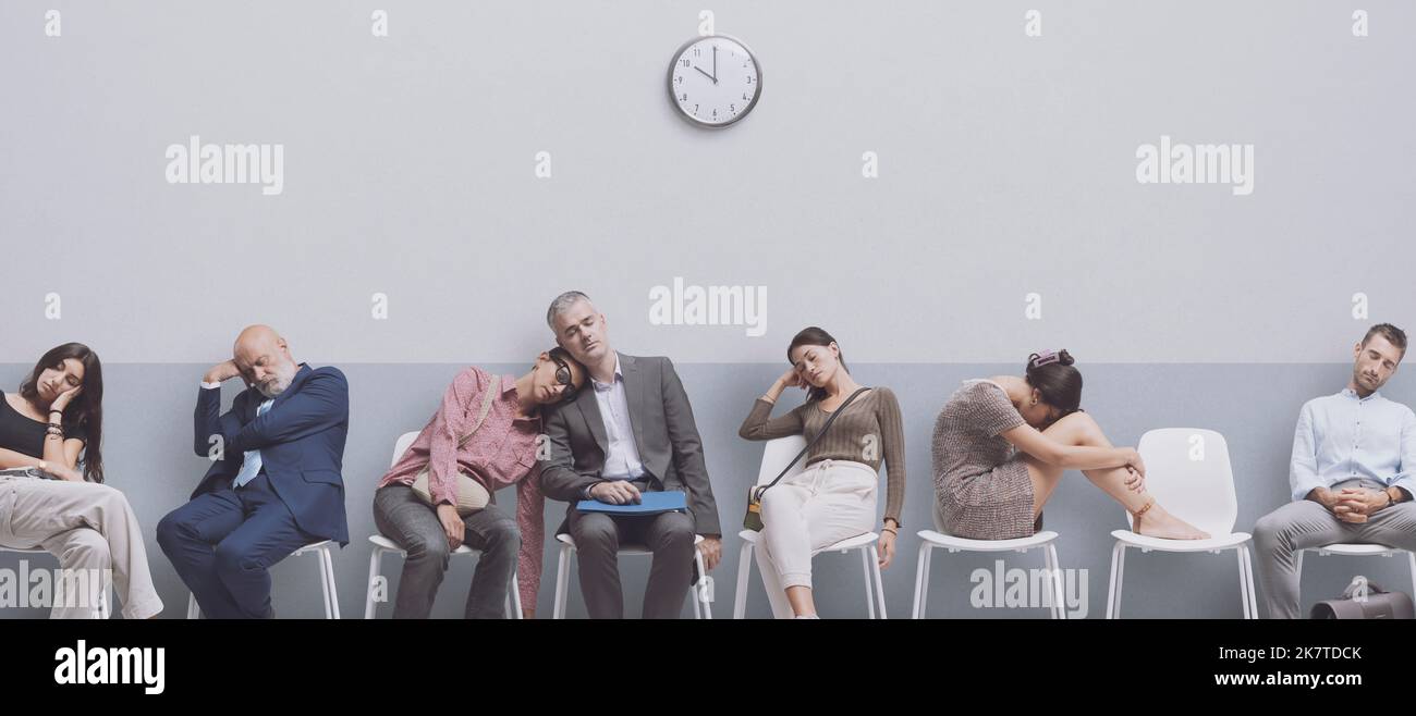Exhausted tired people sitting on chairs and falling asleep in the waiting room: meetings and job interviews concept Stock Photo