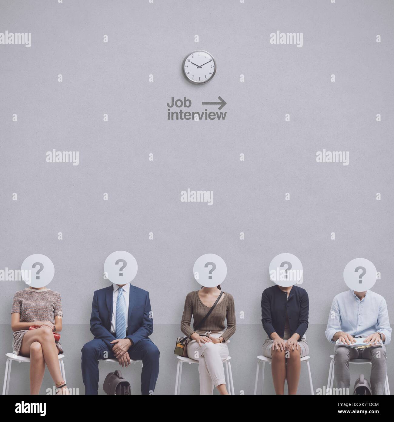 Diverse job candidates sitting in the waiting room and waiting for their turn, they have question marks in place of their heads Stock Photo