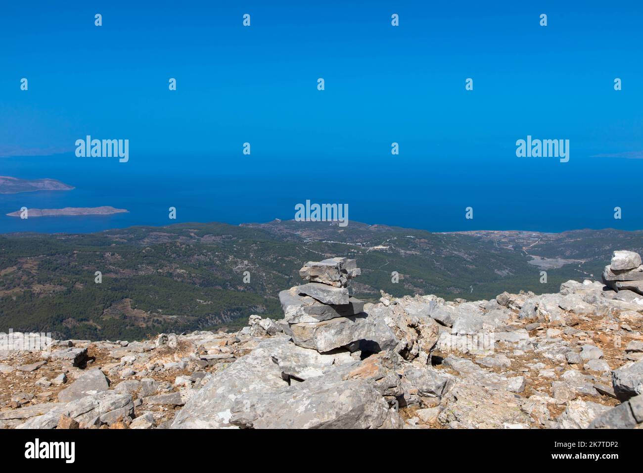 Panorama view on top of the Attavyros mountain. The highest mountain on the island of Rhodes. It rises to a height of 1,215 m. Embonas, Rhodes Island. Stock Photo