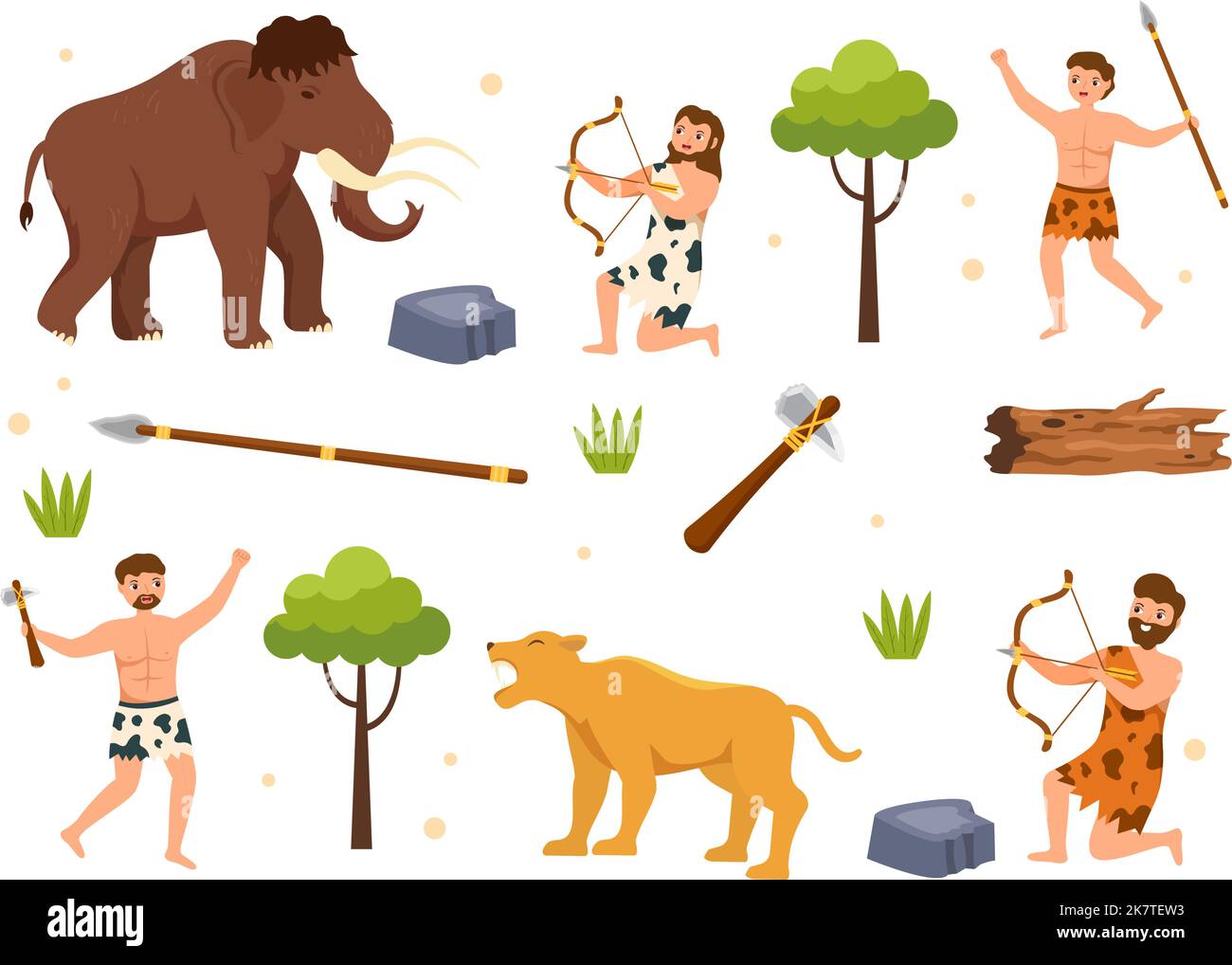 Prehistoric Stone Age Tribes Hunting Large Animals with Weapon in Flat Cartoon Hand Drawing Template Illustration Stock Vector