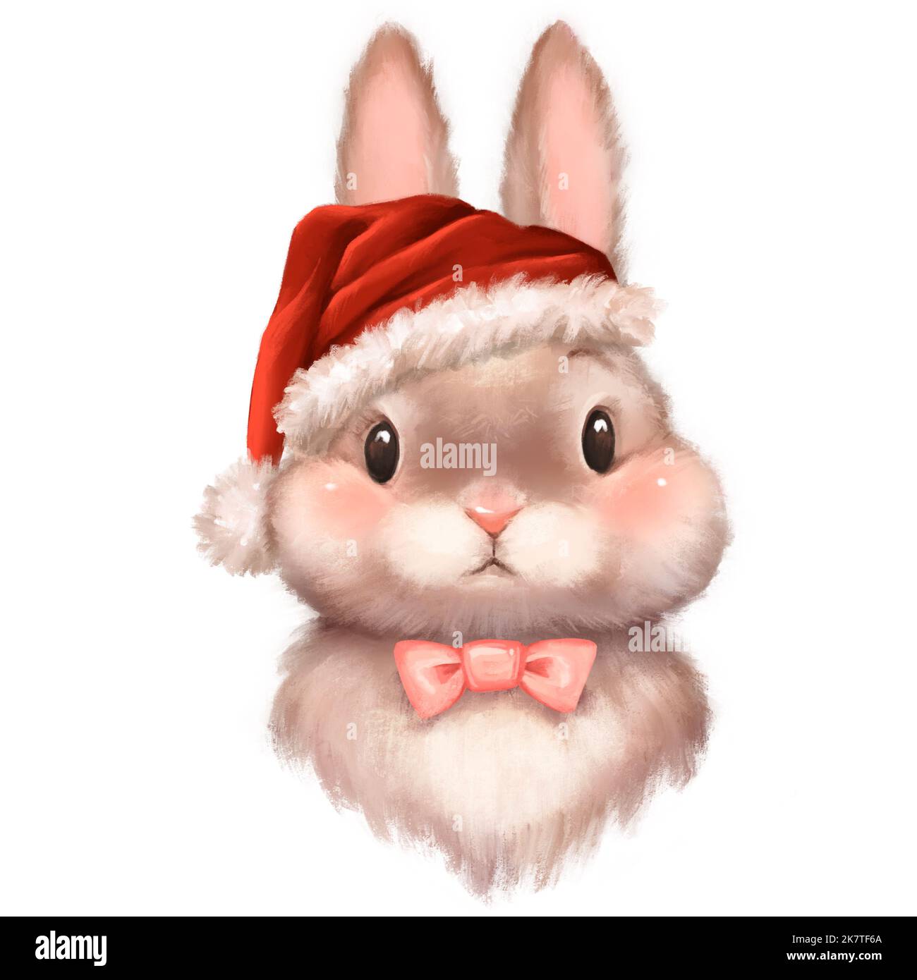 Cute bunny in Santa hat. Christmas illustration on white background Stock Photo