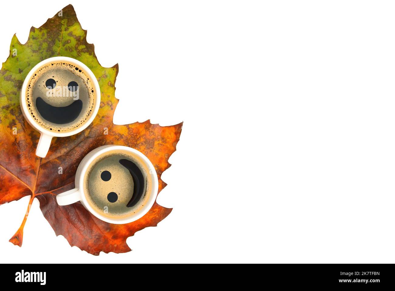 Two coffee cups with smiley faces placed on a large pigmented maple leaf isolated on white background with copy space. Stock Photo