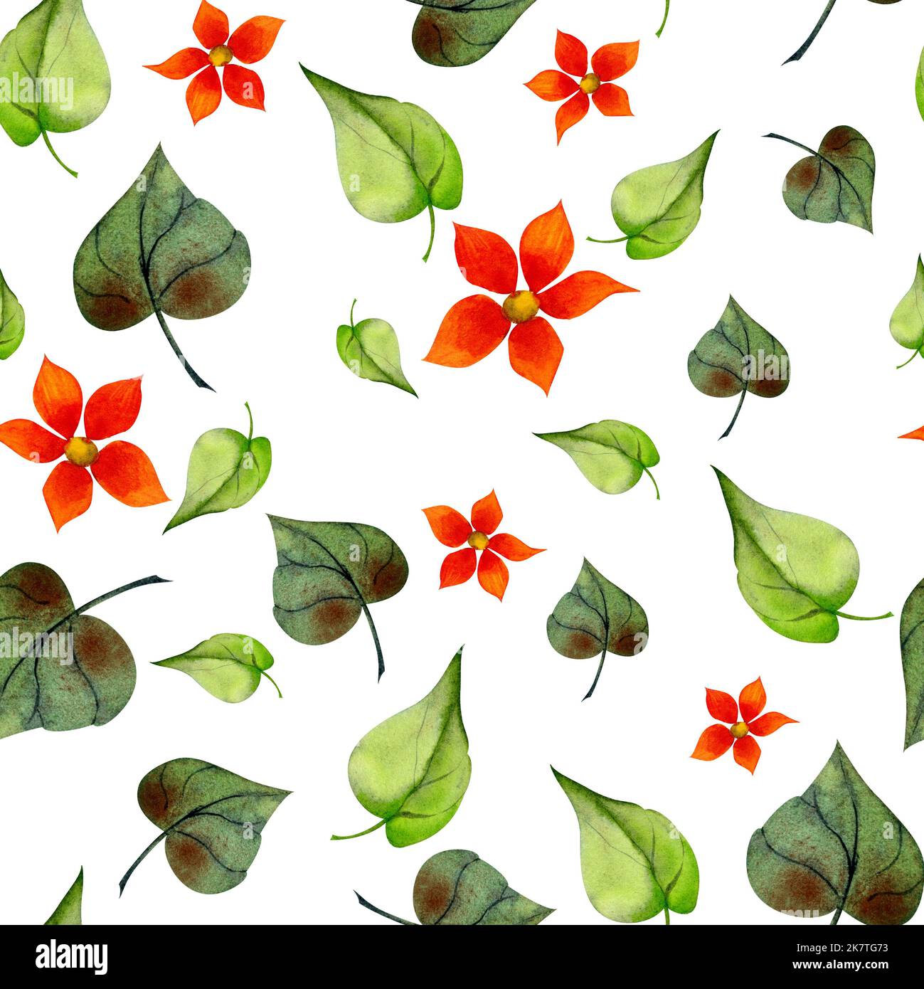 Watercolor hand drawn seamless pattern with green plants, flowers and ...