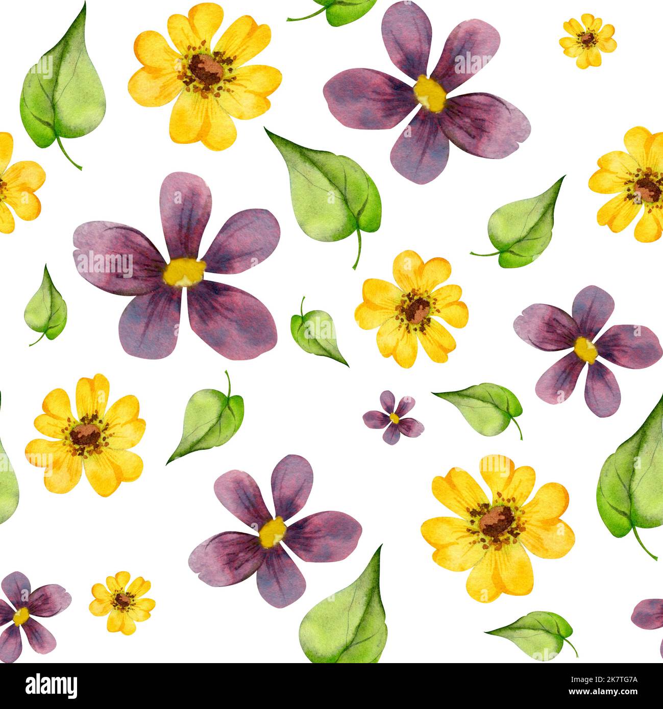 Watercolor hand drawn seamless pattern with green plants, flowers and ...