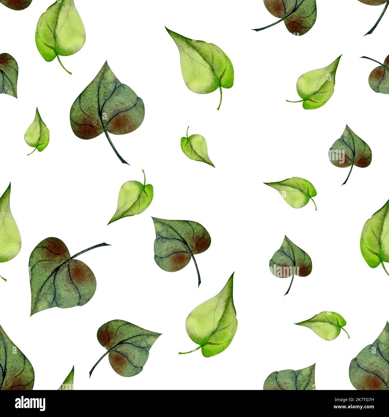 Watercolor hand drawn seamless pattern with green plants, flowers and ...