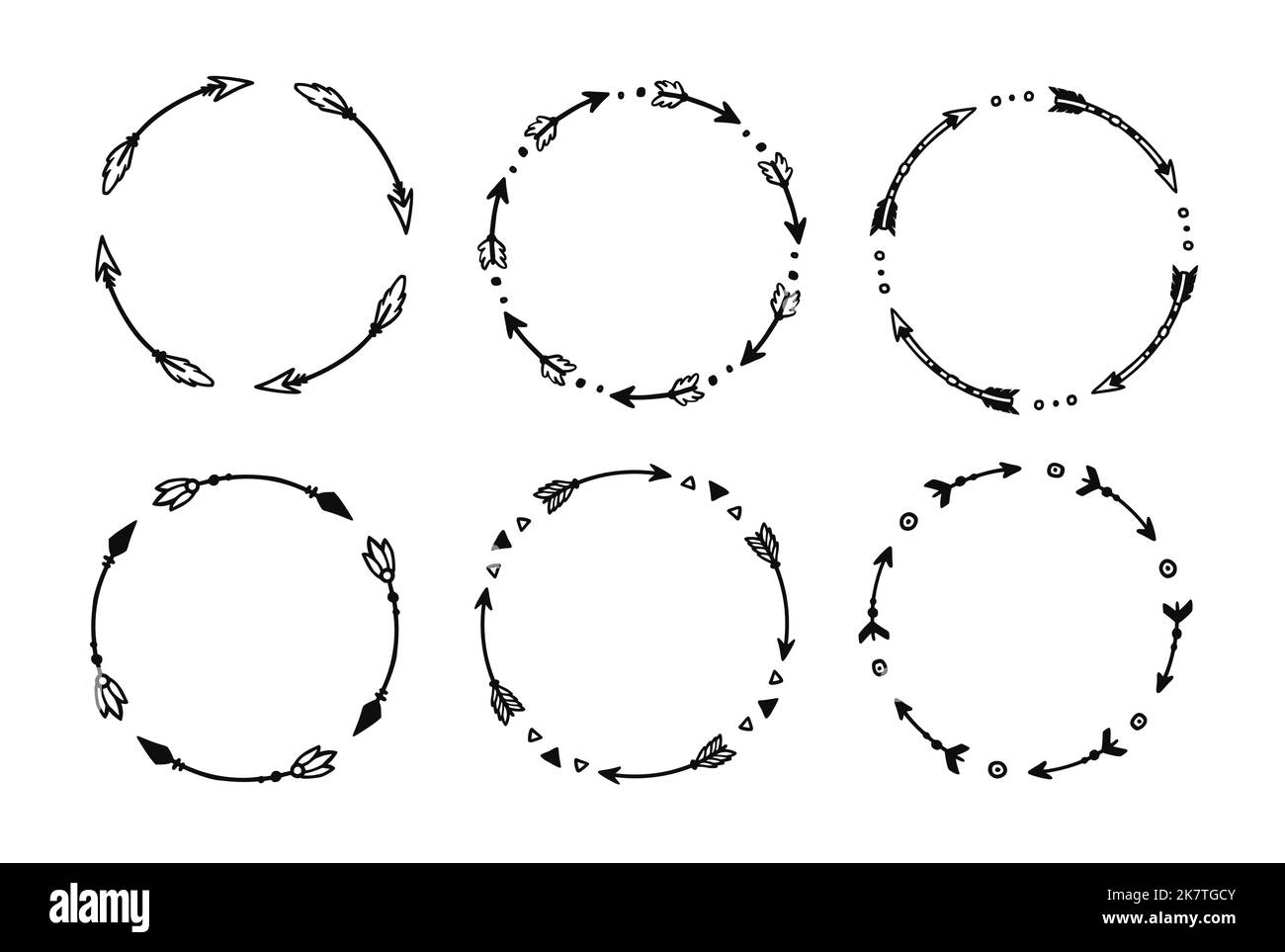 Boho arrow circle frame set. Hand drawn doodle african, aztec rustic ethnic arrow border, ornament circle frame. Tribal boho decor design. Vector illustration. Stock Vector