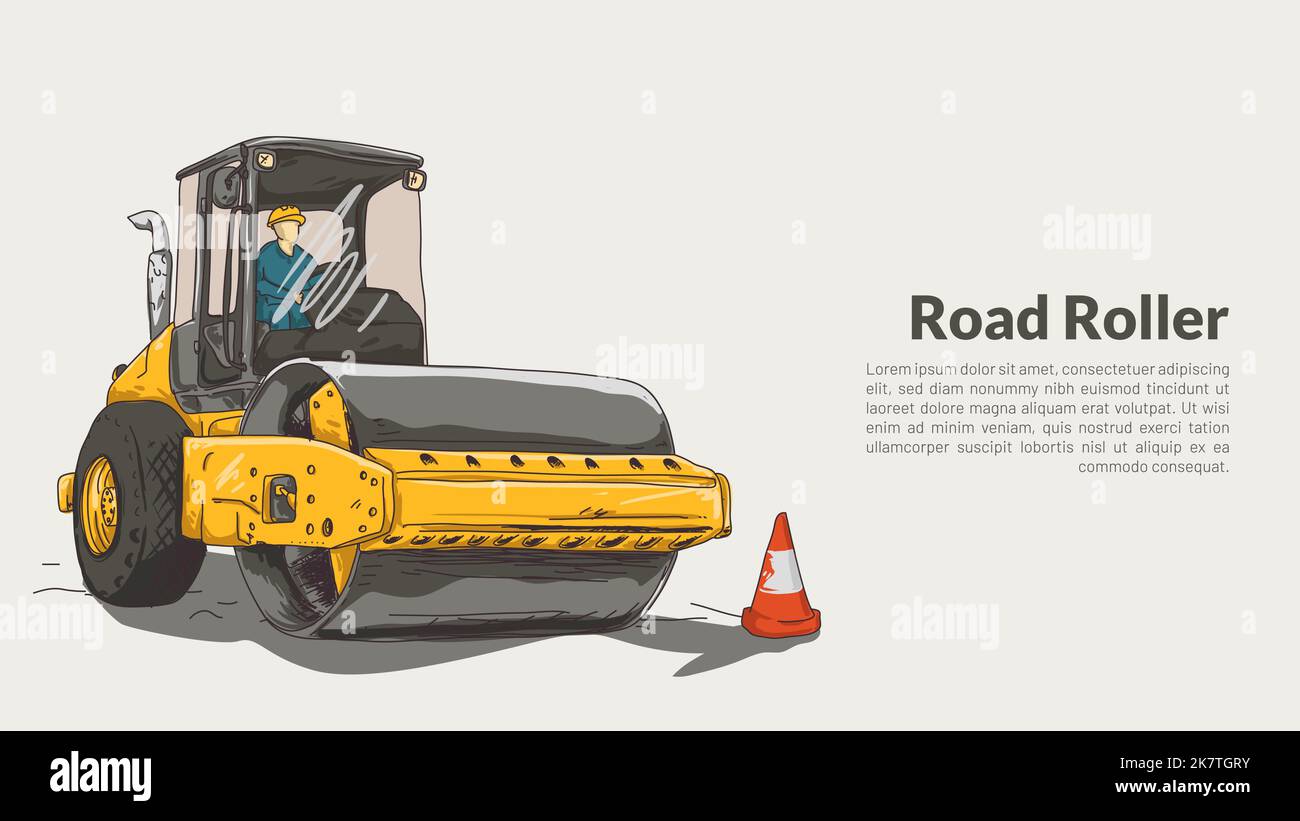 isolated road roller. heavy equipmet rough drawing with editable copy