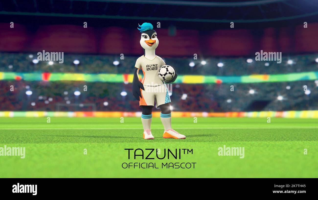 (221019) -- AUCKLAND, Oct. 19, 2022 (Xinhua) -- This handout image shows Tazuni, a football-loving penguin, unveiled as the official mascot of the 2023 FIFA Women's World Cup. (FIFA/Handout via Xinhua) Stock Photo