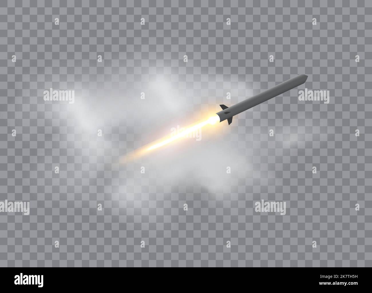 Realistic flying rocket in motion with the fiery trace. Vector illustration. Stock Vector