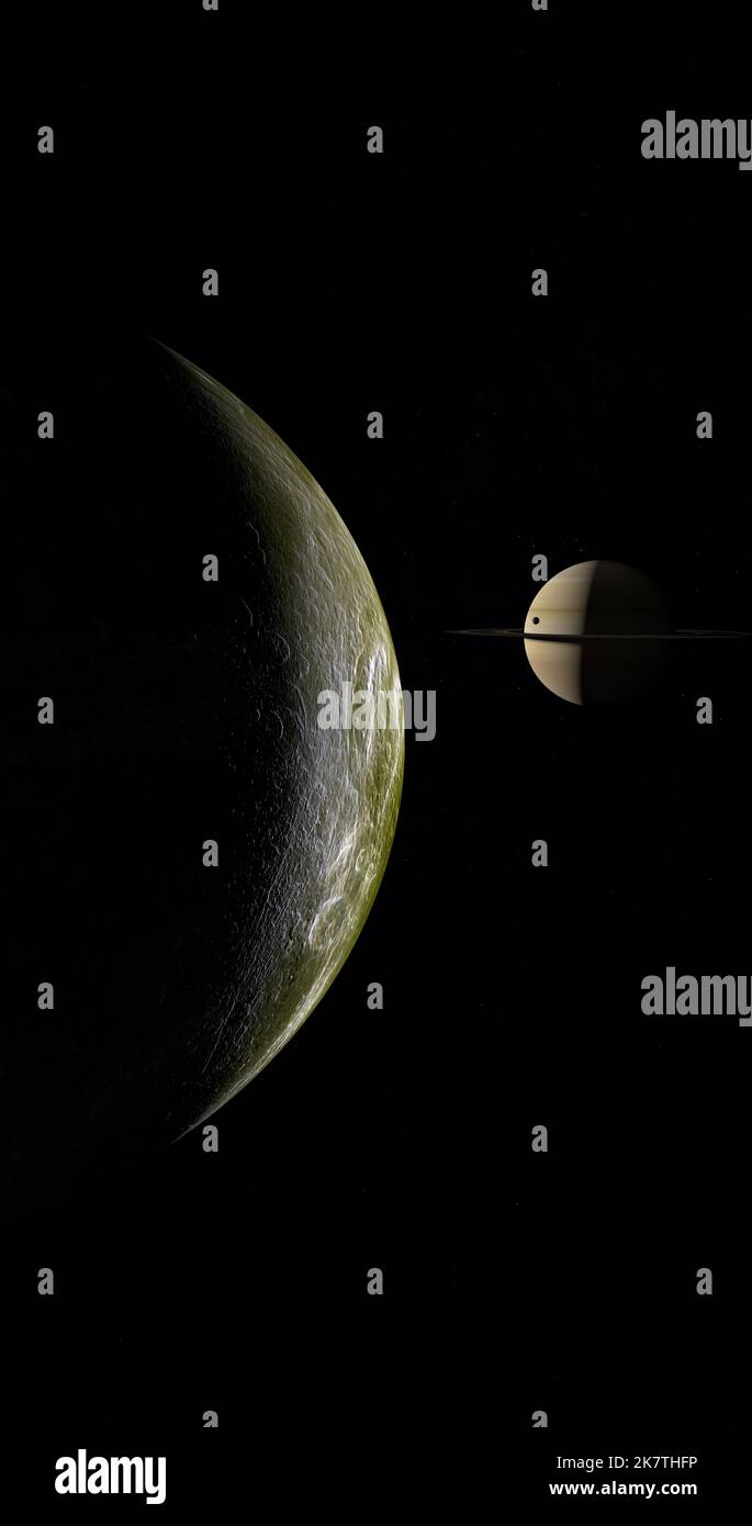 Satellite Dione orbiting with Mimas and Saturn planet at background Stock Photo
