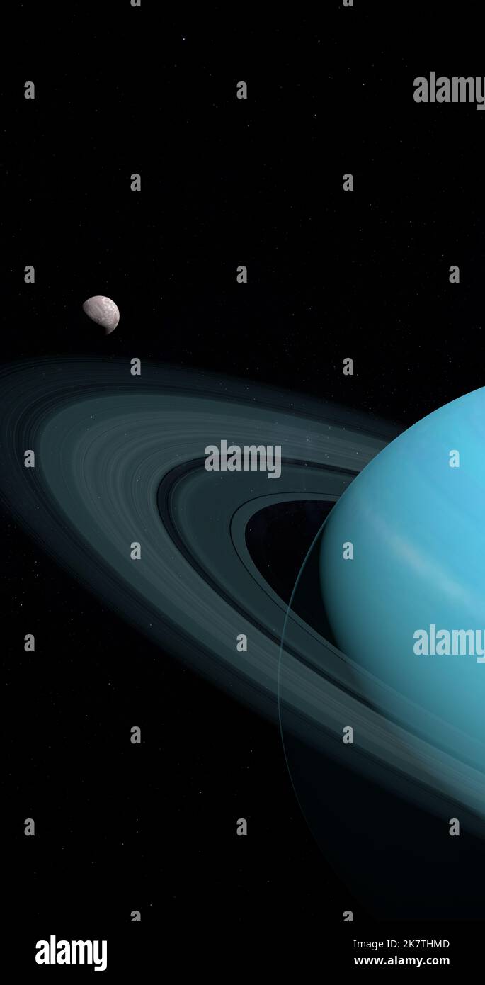 Satellite Miranda orbiting around Uranus planet in the outer space Stock Photo