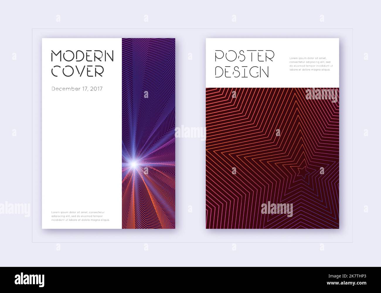 Minimal cover design template set. Violet abstract lines on dark