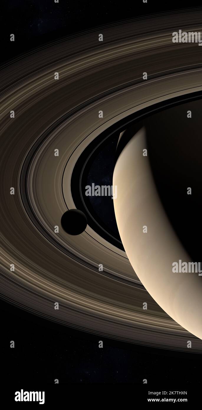 Moon orbiting around the Saturn planet Stock Photo