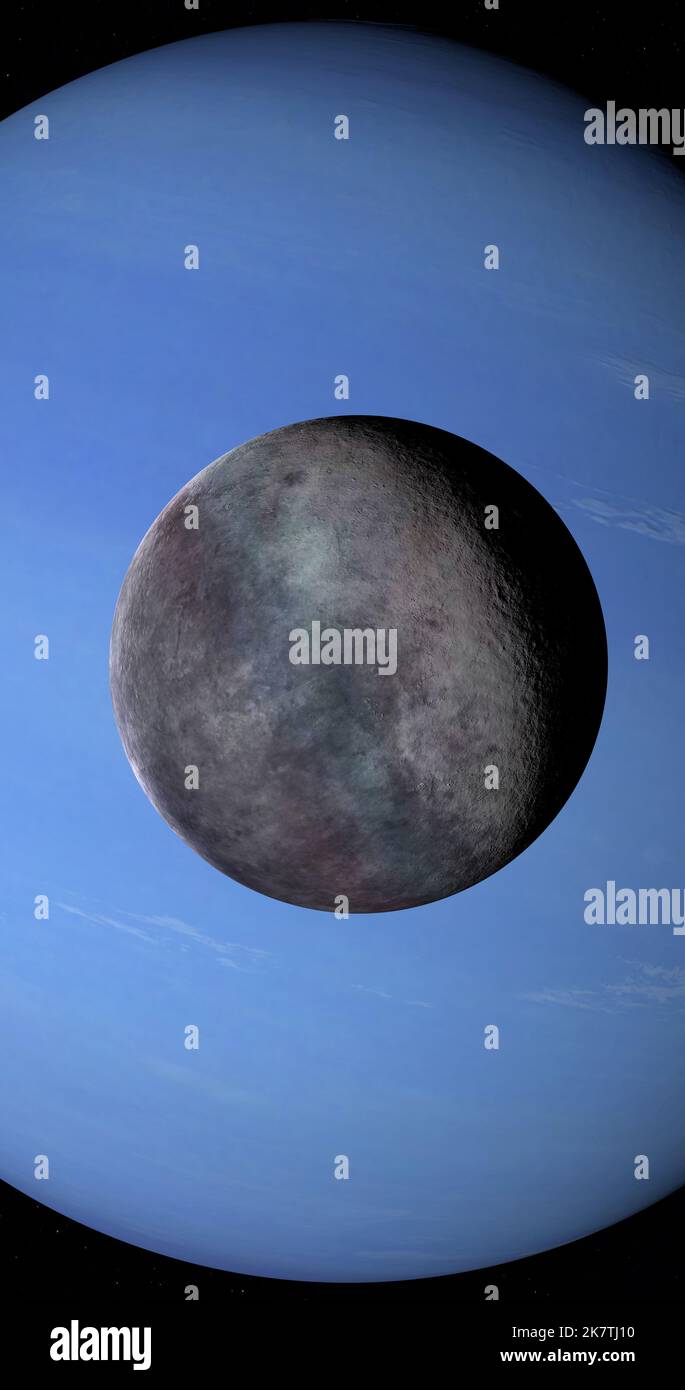 Satellite triton, moon of Neptune, orbiting around Neptune in a