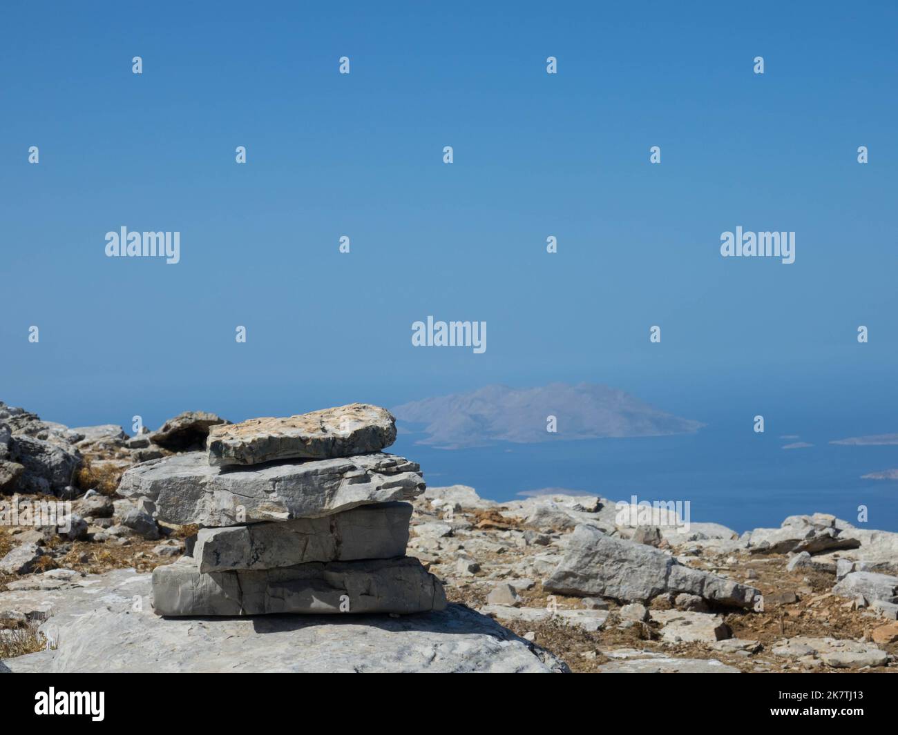 Panorama view on top of the Attavyros mountain. The highest mountain on the island of Rhodes. It rises to a height of 1,215 m. Embonas, Rhodes Island. Stock Photo