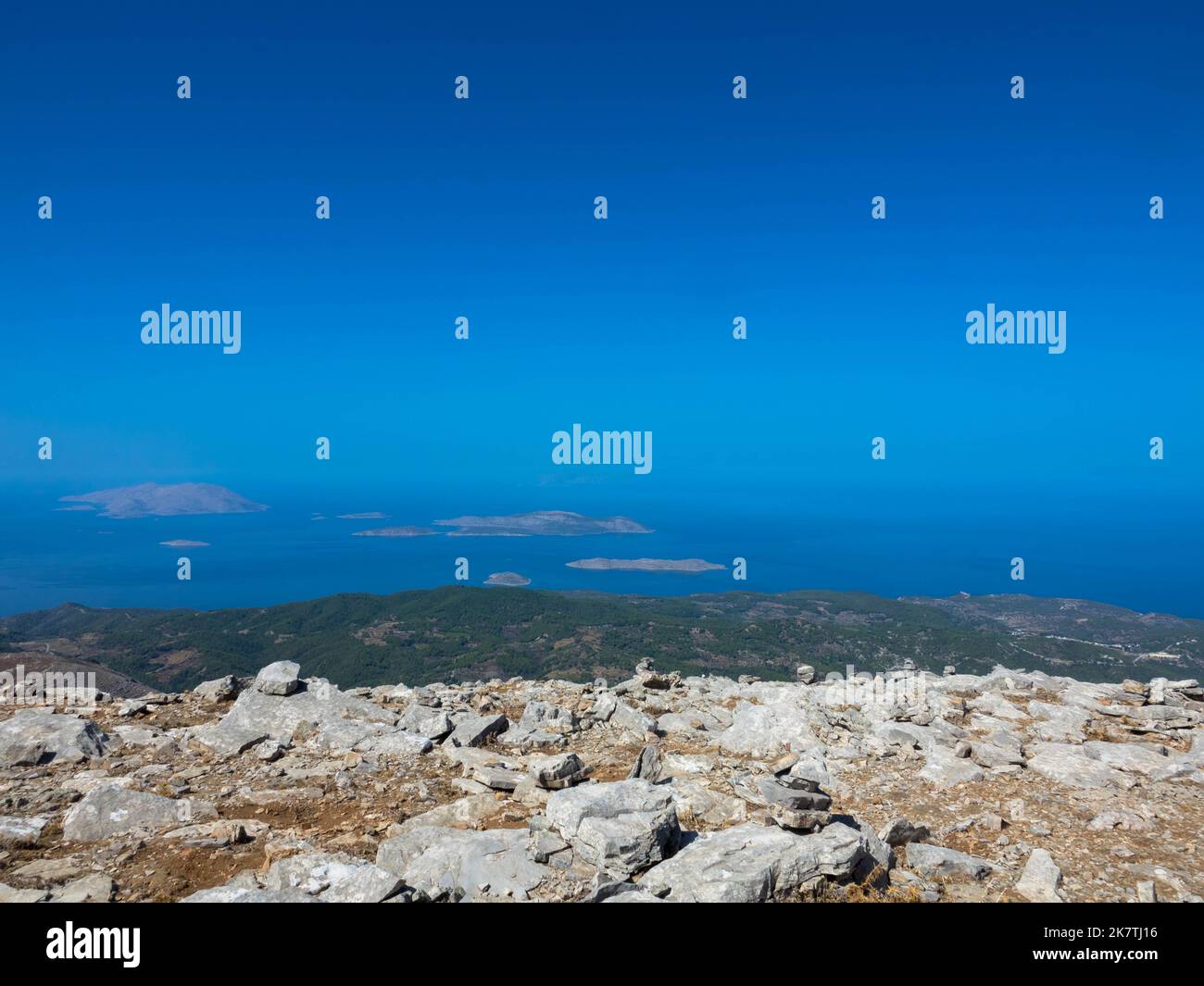 Panorama view on top of the Attavyros mountain. The highest mountain on the island of Rhodes. It rises to a height of 1,215 m. Embonas, Rhodes Island. Stock Photo