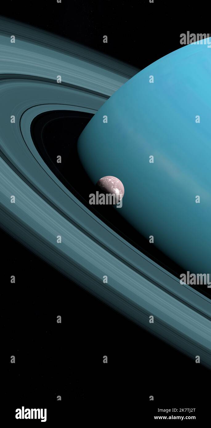 Satellite Miranda orbiting around Uranus planet in the outer space Stock Photo