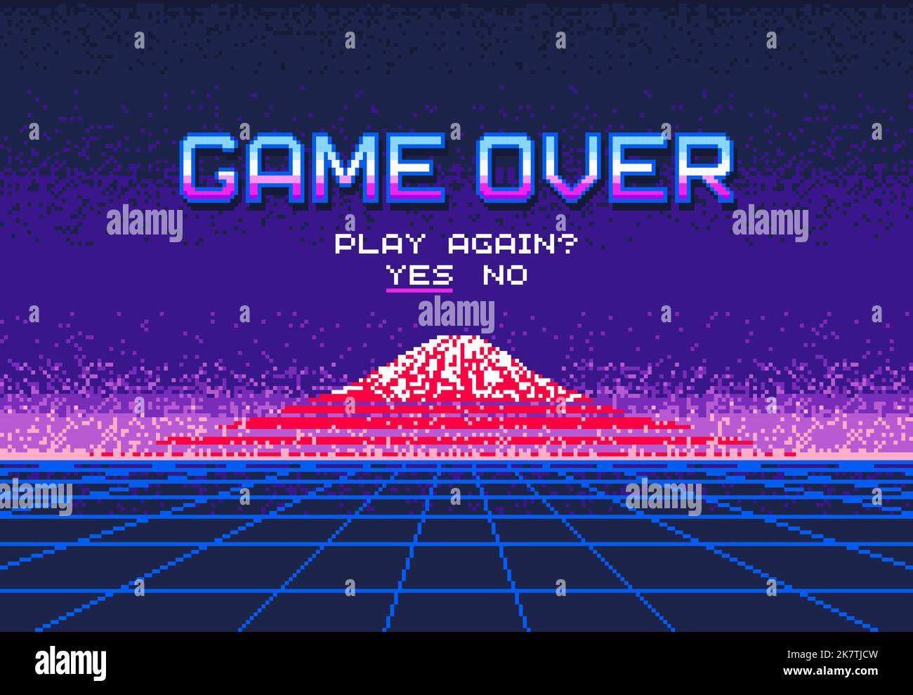 Pixel art video game over screen. Mount Fujiyama. Play again question