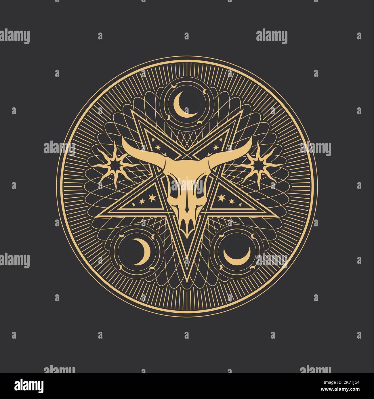 Occult pentagram, Baphomet skull in pentacle star, esoteric tarot and magic vector symbol. Occultism, alchemy and cult ritual sign of Baphomet devil or goat skull with star and moon in occult circle Stock Vector