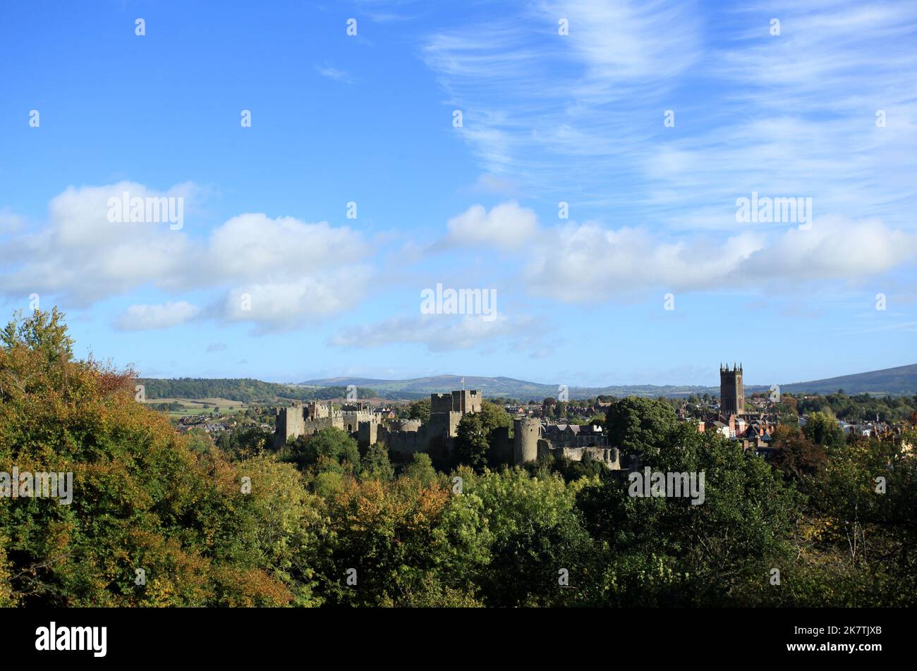 View of Ludlow castle from Whitcliffe common nature reserve, Shropshire, England, UK. Stock Photo