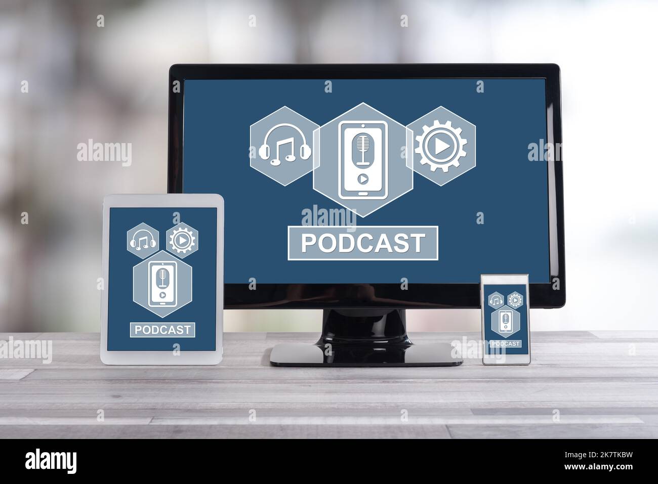 Podcast concept shown on different information technology devices Stock Photo