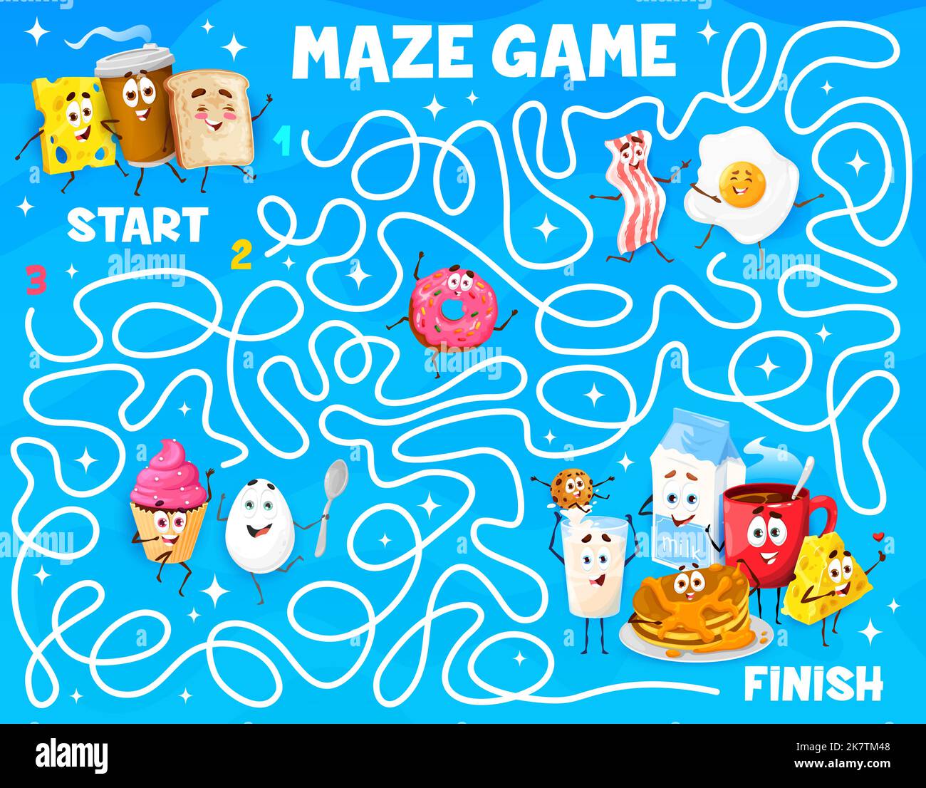 Cartoon breakfast characters. Labyrinth maze game. Child maze worksheet