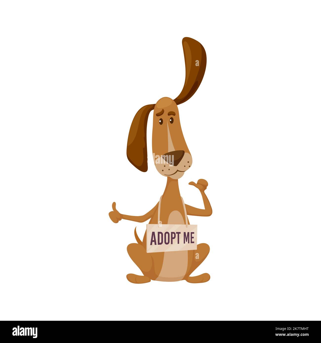 Adopt a dog, cartoon vector puppy with adopt me signboard hanging on