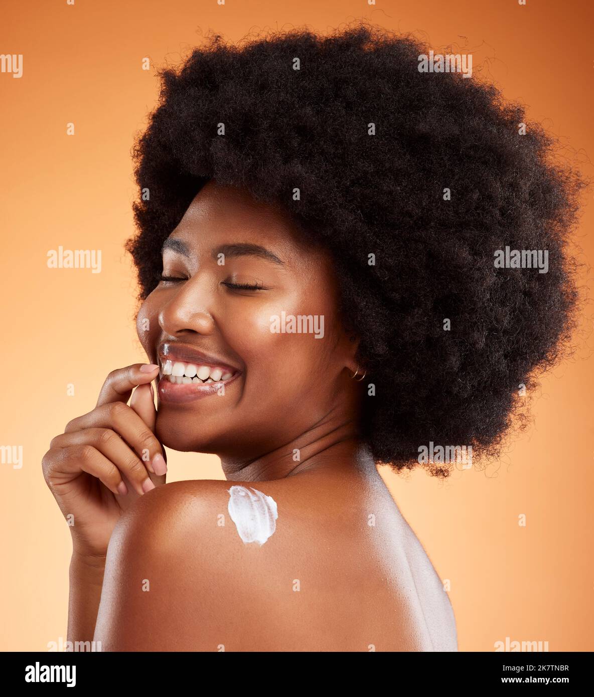 Cream, skincare and black woman excited about product for body against