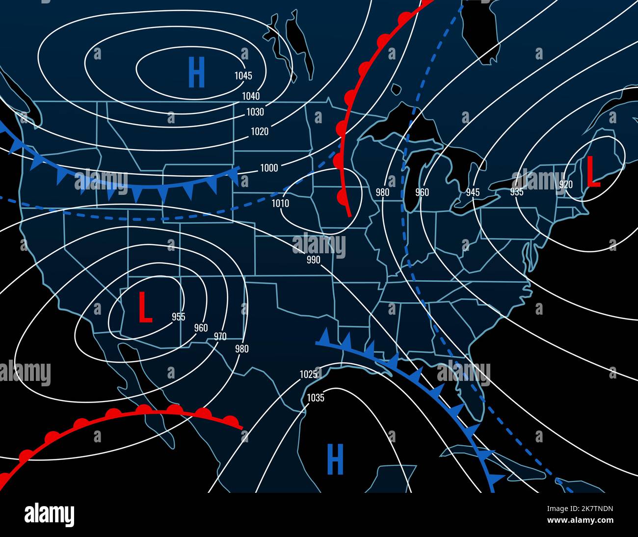 Forecast weather isobar night map of USA. Meteorology diagram with wind