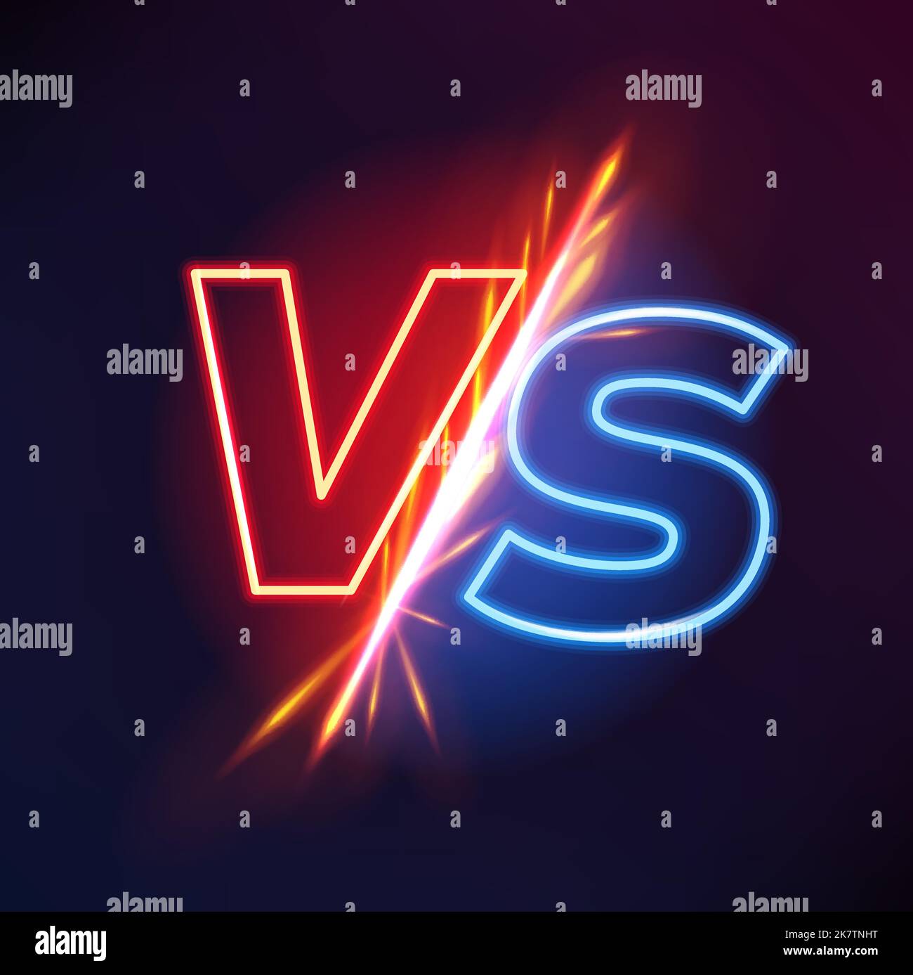 VS or versus sign. Sport competition, championship or contest, mixed martial arts fight or conflict, confrontation clash vector background with glowing neon blue and orange light VS letters Stock Vector
