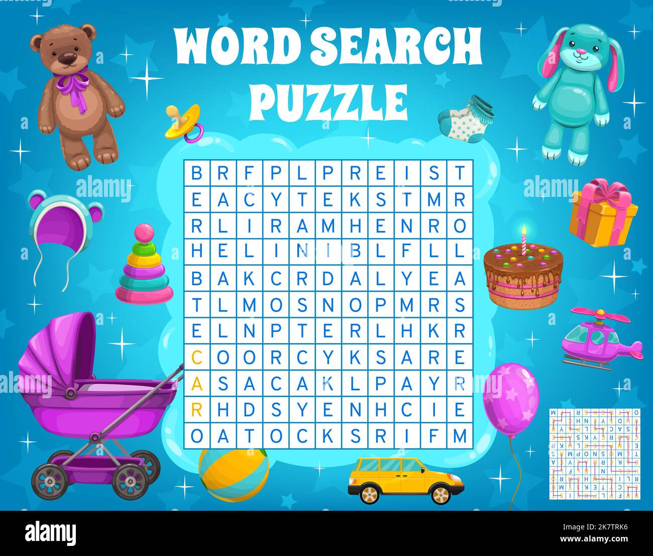 Cartoon kids toys word search puzzle worksheet, kids quiz game. Vector ...