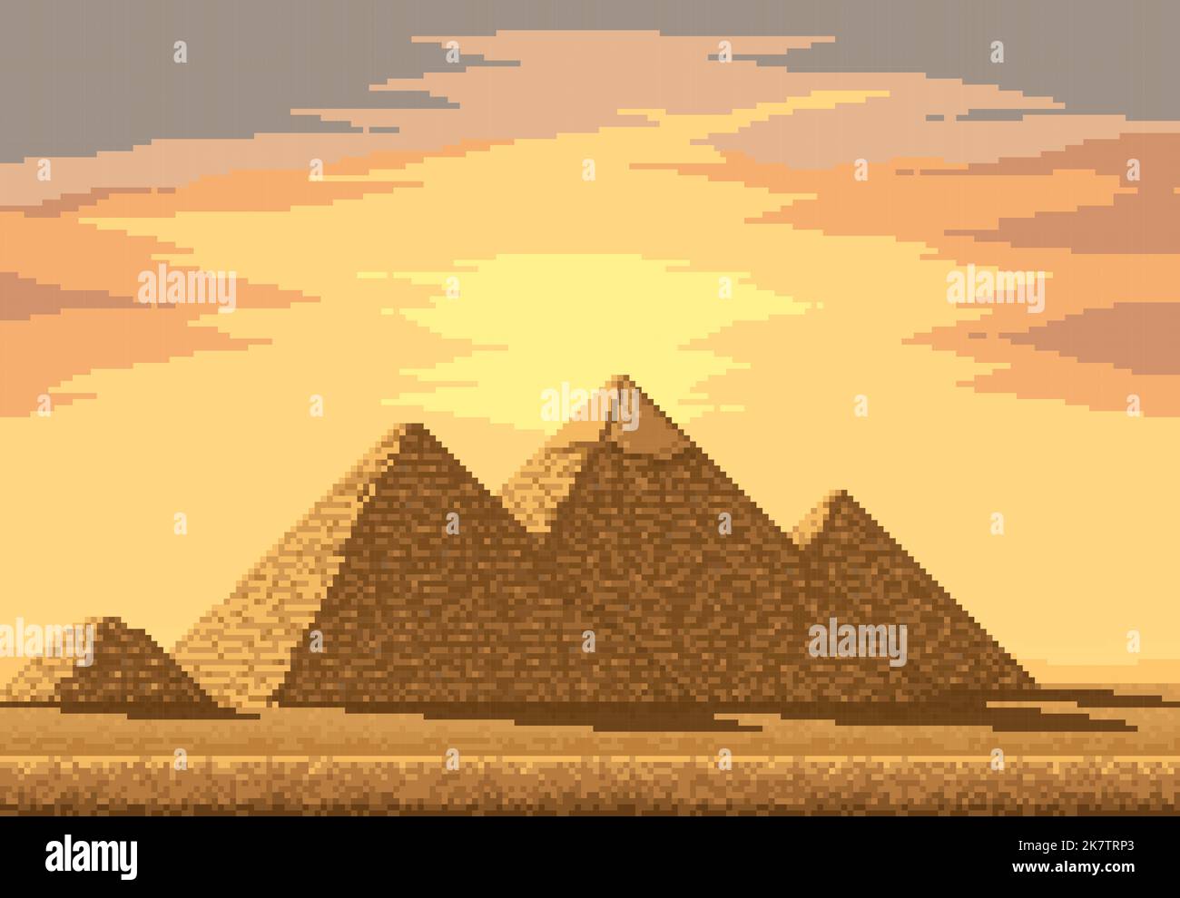 8bit pixel pyramids in Egypt desert. Retro 8bit arcade screen wallpaper