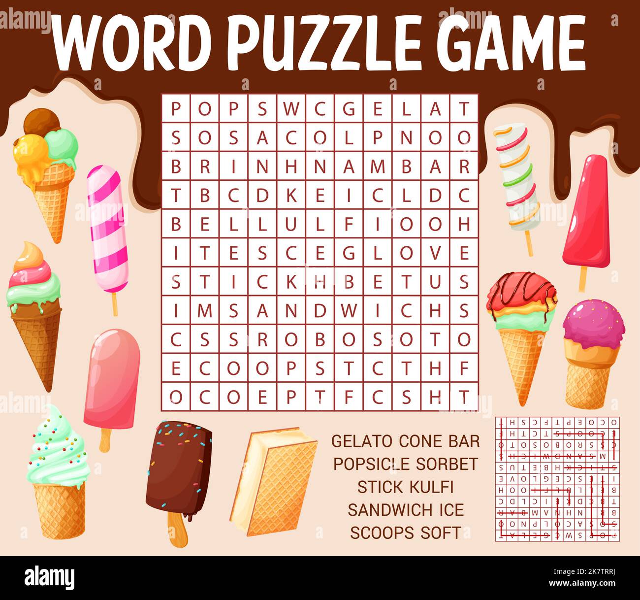 Ice cream cones and desserts word search puzzle game worksheet kids