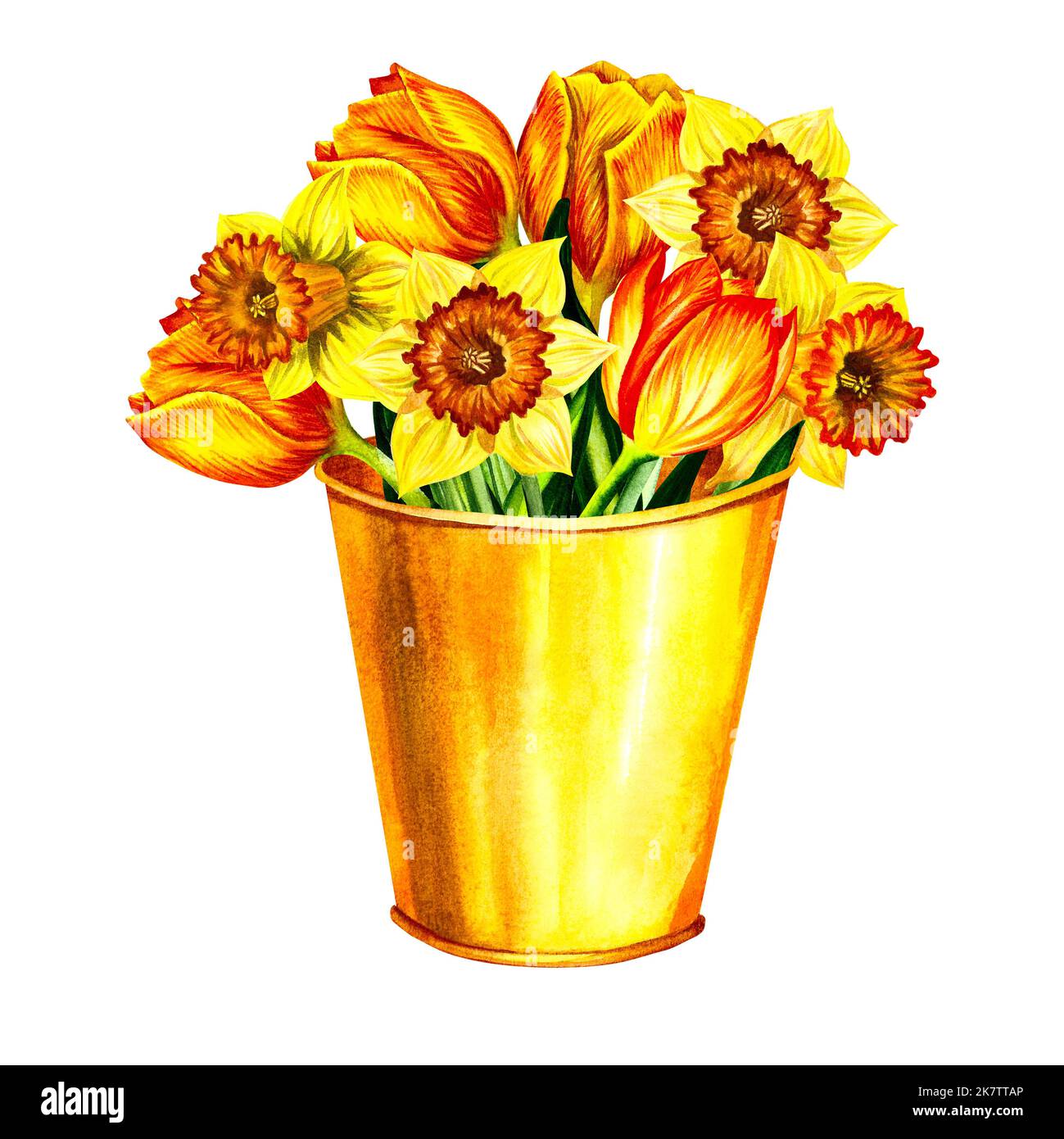 Bouquet of yellow spring flowers tulips and daffodils in a bucket ...