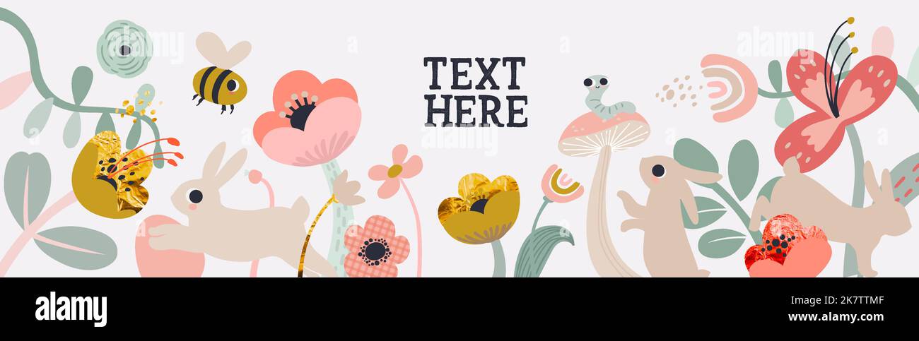 Floral spring horizontal banner. Bee, flowers, plants, cute rabbits and ...