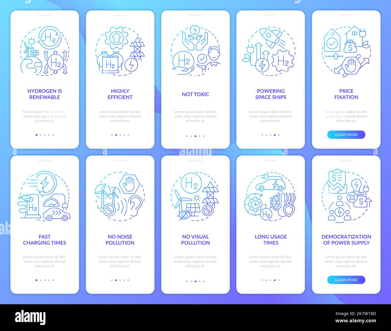 Pros of hydrogen blue gradient onboarding mobile app screen set Stock Vector